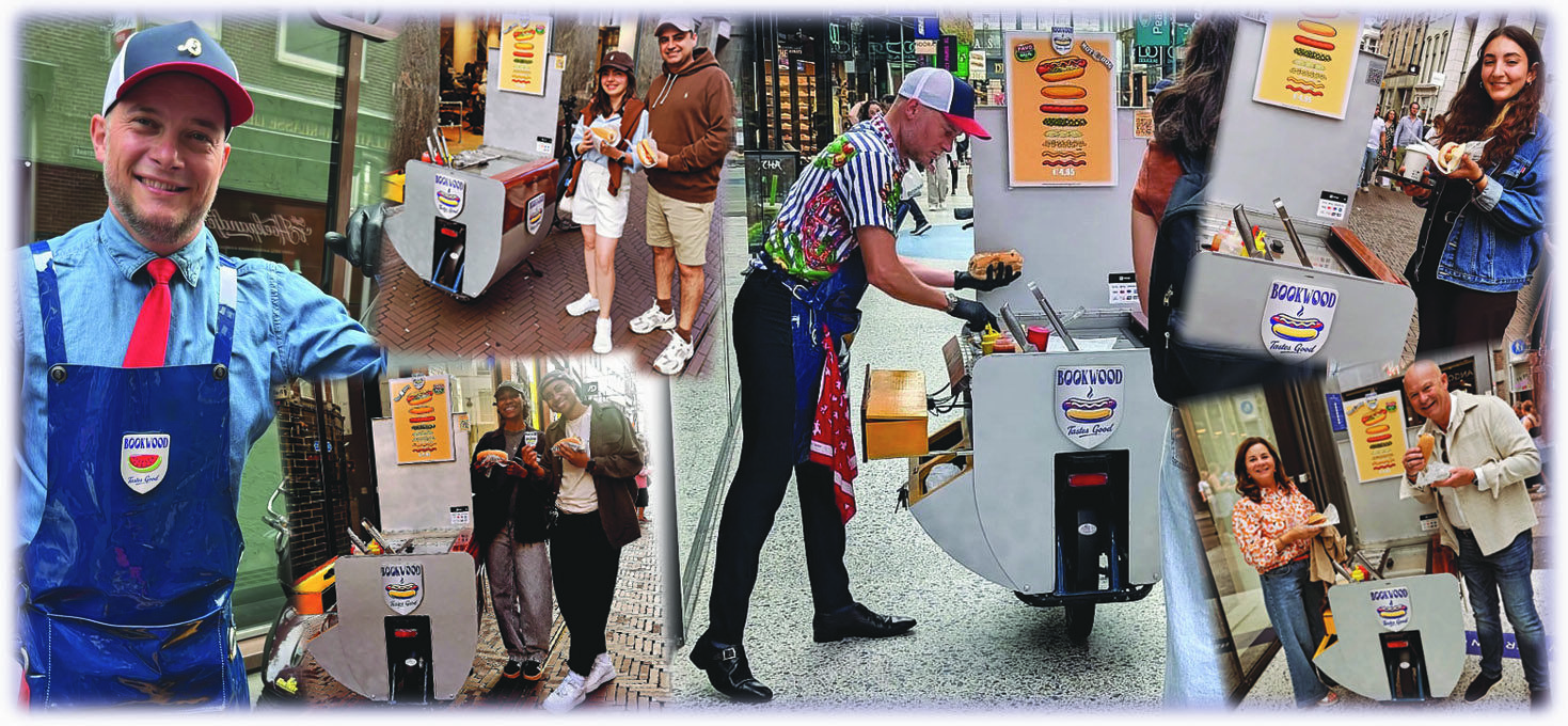 BOOKWOOD Tastes Good – Streetfood in Den Haag met verse, ambachtelijke hotdogs geserveerd door René Boekhout vanuit zijn unieke mobiele hotdogfiets. Geniet van heerlijke hotdogs op straat, tijdens evenementen en op markten in Den Haag en omgeving. BOOKWOOD Tastes Good – Street food in The Hague with fresh, artisanal hotdogs served by René Boekhout from his unique mobile hotdog bike. Enjoy delicious hotdogs on the street, at events, and at markets in The Hague and surrounding areas.