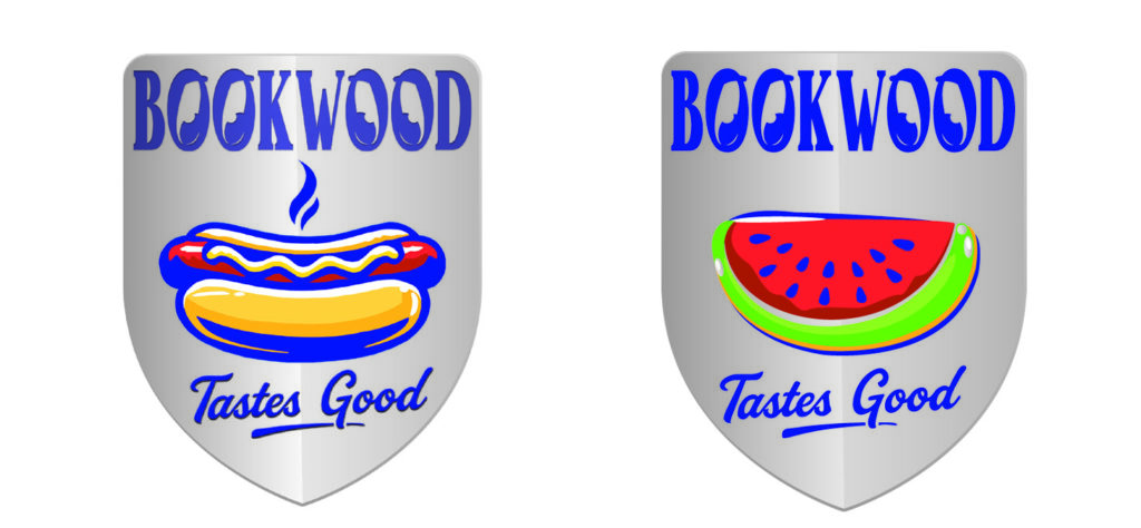 "Twee originele BOOKWOOD Tastes Good-logo’s, ontworpen door René Boekhout: links een hotdog met mosterd en ketchup, rechts een kleurrijke watermeloen, beide op een zilverkleurig schild met blauwe letters." "Two original BOOKWOOD Tastes Good logos, designed by René Boekhout: on the left a hotdog with mustard and ketchup, on the right a colorful watermelon, both on a silver shield with blue lettering."